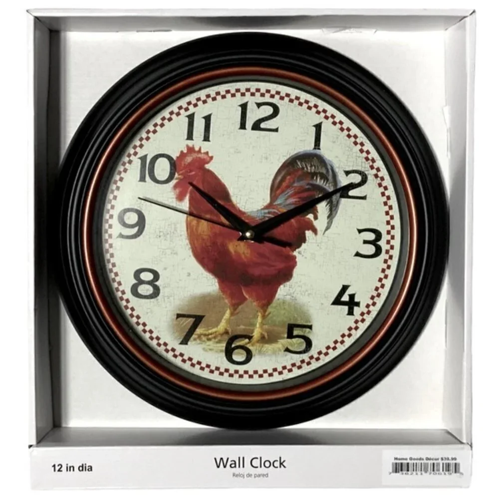 Clock Farmhouse Rooster Quartz Analog Primitive Wall Hanging 12 in Round Black